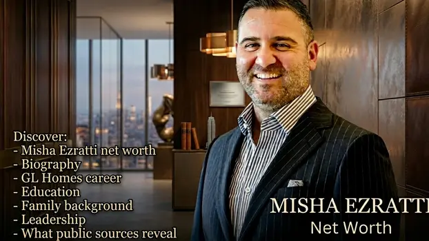 "Misha Ezratti President of GL Homes net worth, biography, career, and education overview graphic."