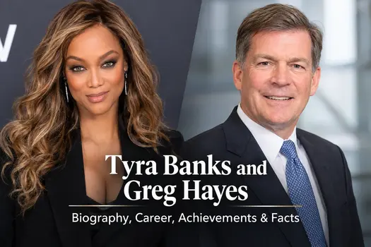 Tyra Banks and Greg Hayes side by side with biography, career, achievements and facts text overlay